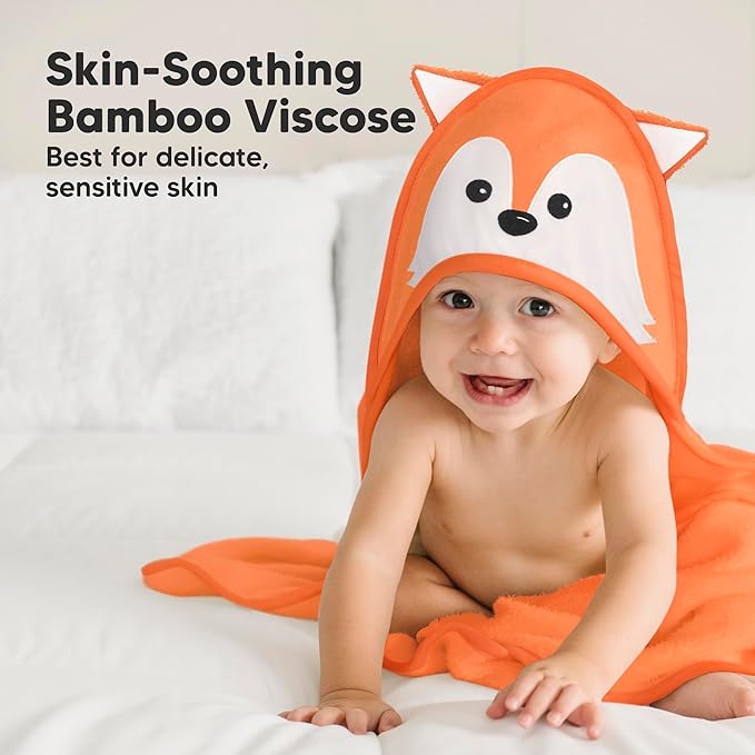 KeaBabies Hooded Baby Towel for Newborn - Viscose Derived from Bamboo Large Baby Bath Towels with Hood for Boys, Girls, Toddler, Extra Absorbent & Soft Newborn Bath Essentials (Fox)