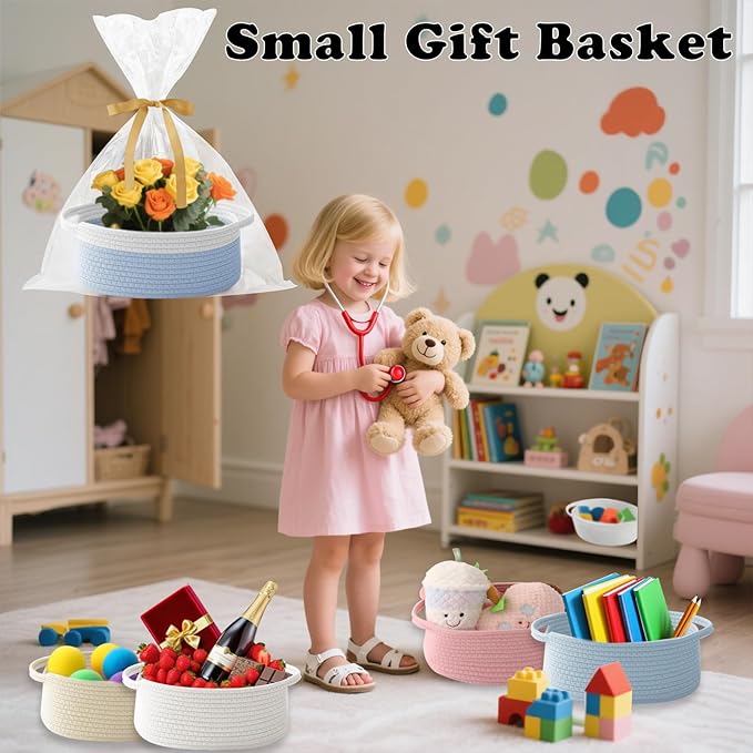 Gift Basket with Gift Bag and Ribbons,Small Rope Woven Shelf Storage,Baskets for Gifts Empty,Birthday,Shower,Decorative Organizer Box for Cat Dog Pet with Handles(White&Blue)
