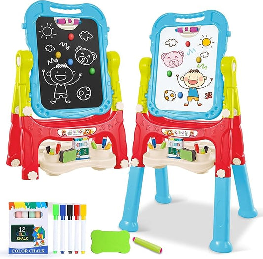 Kids Easel, Adjustable Standing Kids Easels for Toddlers, Double Magnetic Drawing Board with Painting Accessories, Present for Little Boys and Girls Age 3 4 5, Blue