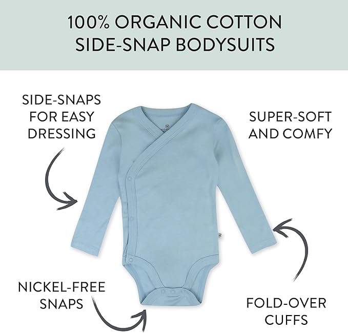 HonestBaby unisex-baby 3-pack Long Sleeve Side-snap Kimono Bodysuits Organic Cotton for Infant Baby Boys, Girls, Unisex