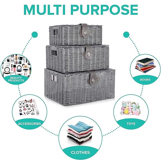 Set of 3 Woven Storage Basket Bin Wicker Hamper Stackable Box with Lid & Lock, Container Tote Cube Organizer for Nursery, Baby Toiletry, Diaper, Toys, Home Closet, Laundry, DVD, Book (Grey)