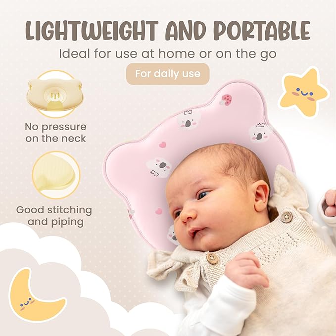 Soft and Breathable Baby Pillow with Memory Foam and Bear Design (Pink Koala)
