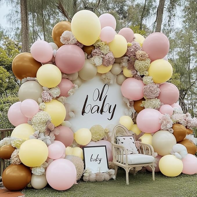 Pink Yellow Brown Balloon Garland Double Stuffed Pastel Light Pink Yellow White Sand Balloons Balloon Arch Kit for Birthday Baby Shower Wedding Bee Bear Theme Fall Party Decorations