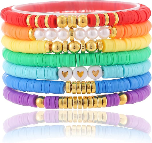 Friendship Bracelets Trendy Heishi Clay Bead Bracelets Stack Gold Beaded Stretch Bracelets for Women Boho Stackable Bracelets Bulk Cute Preppy Jewelry