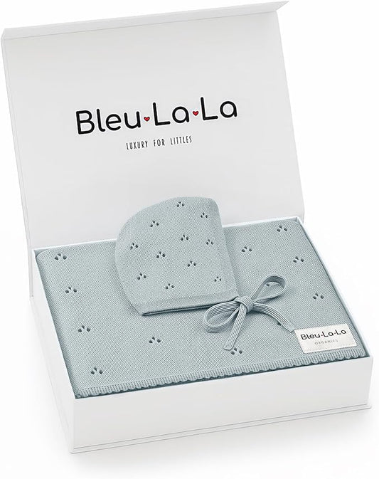 Organic Baby Blanket + Hat Gift Set for Boys - 100% Soft Luxury Cotton Receiving Swaddle Blanket + Bonnett Registry for Newborns & Infants (Powder Blue + Hat)
