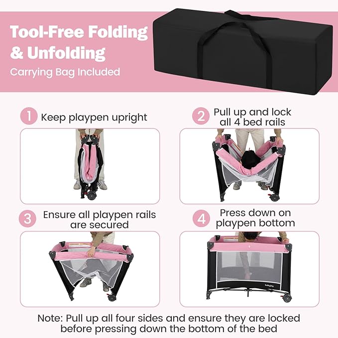 BABY JOY 3 in 1 Pink Pack and Play, Travel Baby Crib Bassinet Bed with Bassinet for Girl, Changing Table w/Safety Belt, Toy Bar, Lockable Wheels, Portable Baby Playard from Newborn to Toddler