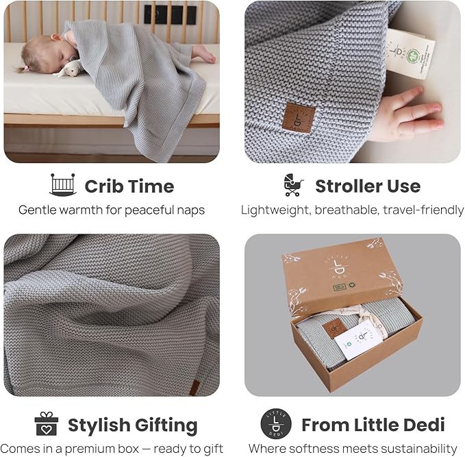 100% Organic Cotton Baby Knitted Blanket with Gift Box - Soft Toddler, Crib, Stroller Blanket - Neutral Swaddle and Receiving Blanket for Newborns, 30"x40", Harbor Mist