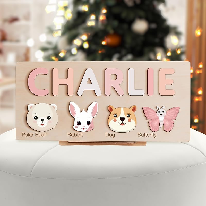 Animals Puzzle for Baby Girl and Boy, Handmade Custom Name Puzzle, Personalized Gifts for Baby, First Christmas Gift, Baby Gift, Personalized Wooden Name Puzzle with Cute Animals, Wood Toys
