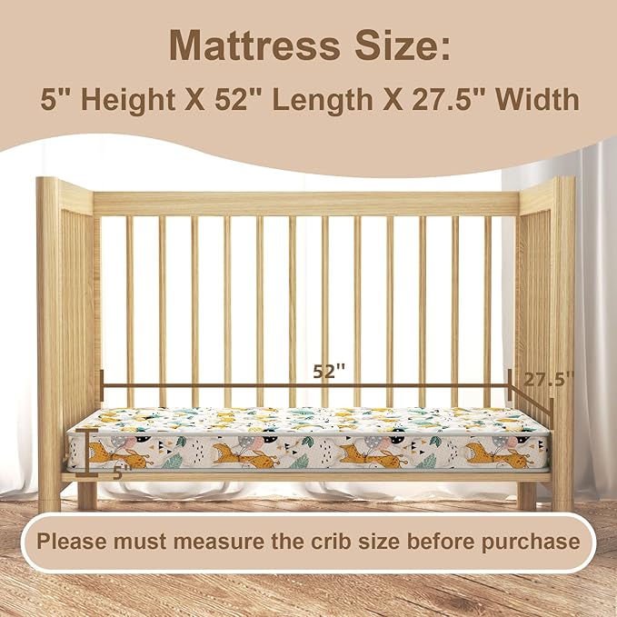 5" Crib & Toddler Mattress, 52x27.5 Breathable Knitted Fabric Cover, CertiPUR-US Certified Foam, Edge Reinforcement, Fits Standard Size Crib and Toddler Bed, Giraffe