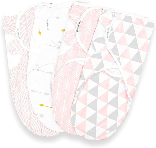 BaeBae Goods Swaddle Blankets, Set of 4, 100% Cotton, Lightweight, Breathable, Adjustable for Boys and Girls, 0-3 Months (Pink/Grey Triangles)