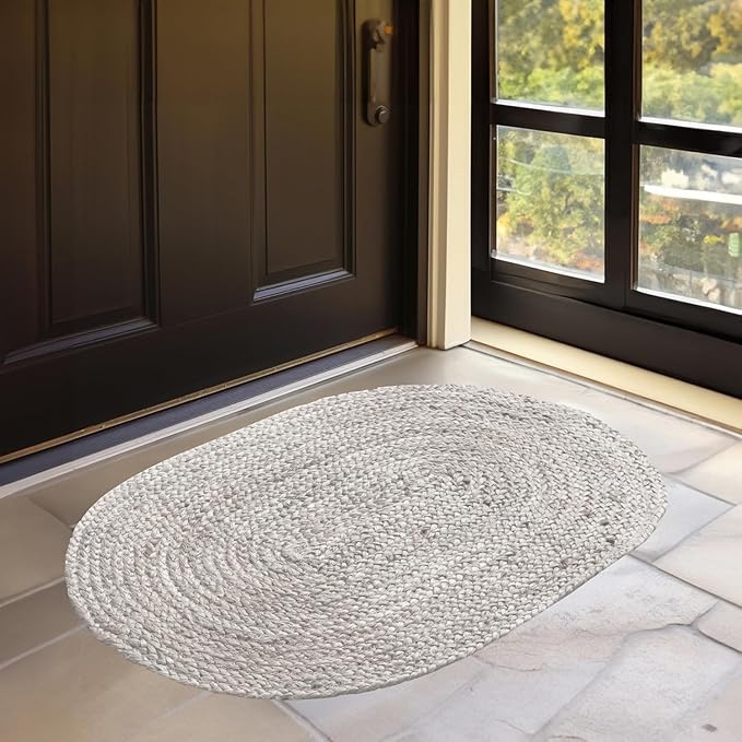 HOMEMONDE Reversible Oval Jute Area Rug - Hand Woven Natural Fiber - Farmhouse Braided Rugs for Entryway/Front Door/Porch/Meditation Mat/Home Decor (2.3 x 4 ft, Off White)