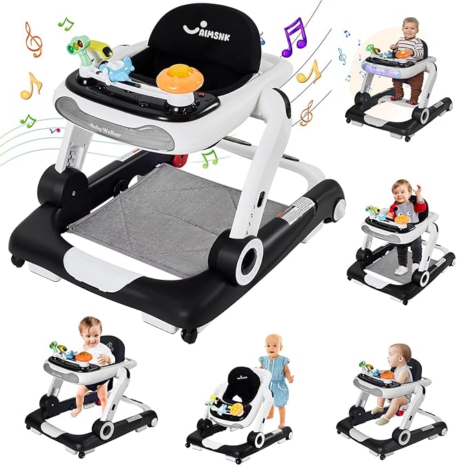 5 in 1 Baby Walker, Activity Baby Walker-Baby Bouncer, Rocker, Activity Center,Seat and Push Walker,Detachable Trampoline Mat, Adjustable Speed Rear Wheels and Height,Ages 6-18 Months (Black)