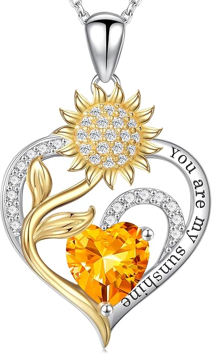 Iefil Sunflower Gifts for Women - Sunflower Necklace Heart Pendant Birthstone Necklace for Women Anniversary Birthday Gifts for Wife You Are My Sunshine 925 Sterling Silver Jewelry for Wife Mom