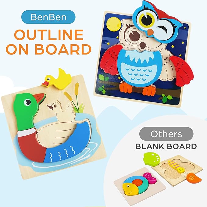 BenBen Wooden Puzzles for Toddlers 1-3, 8 Pack Animal Puzzles for Toddlers 2-4, Montessori Toys for 1 2 3 Year Old Boys Girls, Learning Educational Preschool Toys
