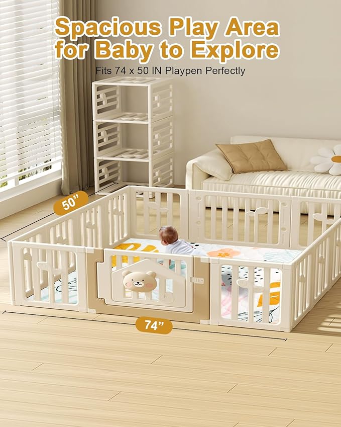 Premium Foam Baby Play Mat 74x50 – Removable & Machine Washable Cover, Extra Thick Padding Playpen Mat, Non-Slip Crawling Mat, Easy to Clean for Infants, Toddlers & Babies