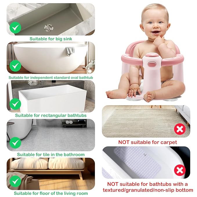 Baby Bath Seat for Babies 6 Months & up,3 Baby Bath Toys, Non-Slip Baby Bath Seat, Safe & Comfortable Baby Bath Support, Pink