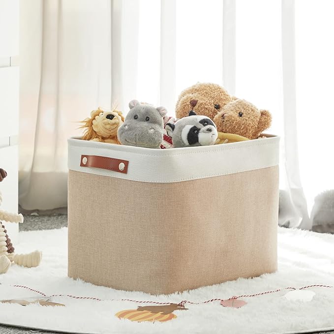 HNZIGE Fabric Storage Baskets for Organizing [2 Pack] Large Canvas Rectangular Storage Bins for shelves 16" X 11.8" X 11.8" Clothes Baskets Collapsible Bins for Closet Linen Organizers (Beige&White)