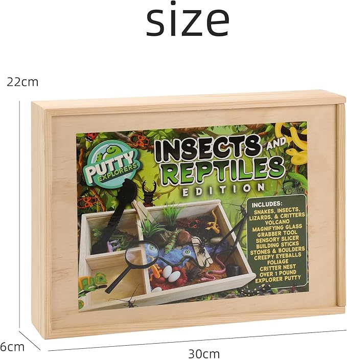 Insects and Reptiles Putty Explorers Educational Sensory Kit Wooden Play Box Bugs Snakes Science Life Moldable Sand Kit STEM Educational Toys Science Teacher Classroom Gifts Lizards Volcano Easter