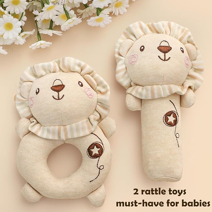 Golray 9pcs Newborn Baby Gift Baskets for Boys Girls Baby Shower, 2 Rattle/Seat Hang Toy/Blanket/Onesies/Bib/ 3D Socks/Wood Milestone/Carry Box, Neutral New Born Essential Stuff Unisex Baby Gifts Boy