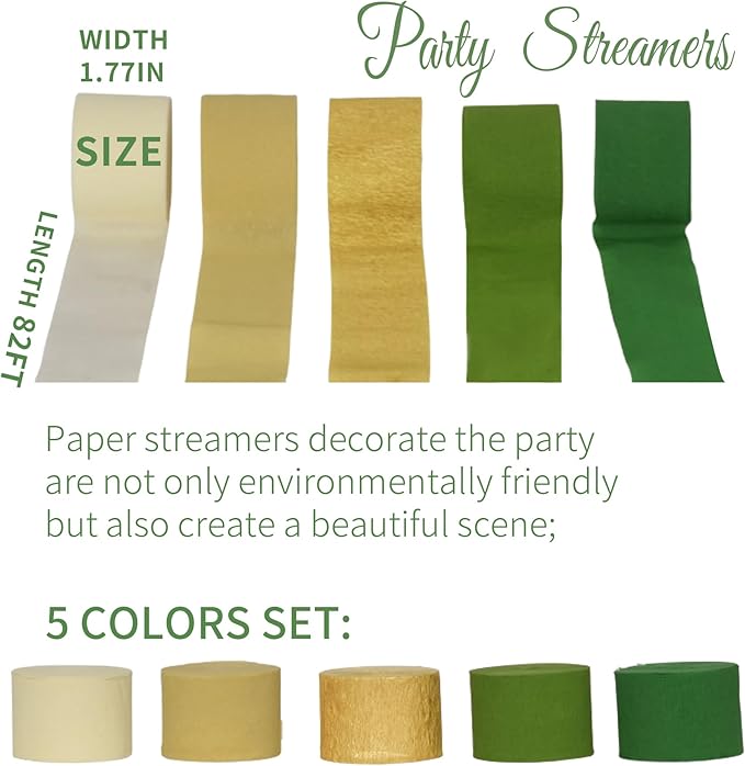 Green Gold Crepe Paper Streamers Party Decorations (5 Rolls) for Birthday, Camp Bachelorette, Baby Shower, Wedding, Bridal Shower, Jungle Safari Woodland Theme Party, Hanging Classroom Décor