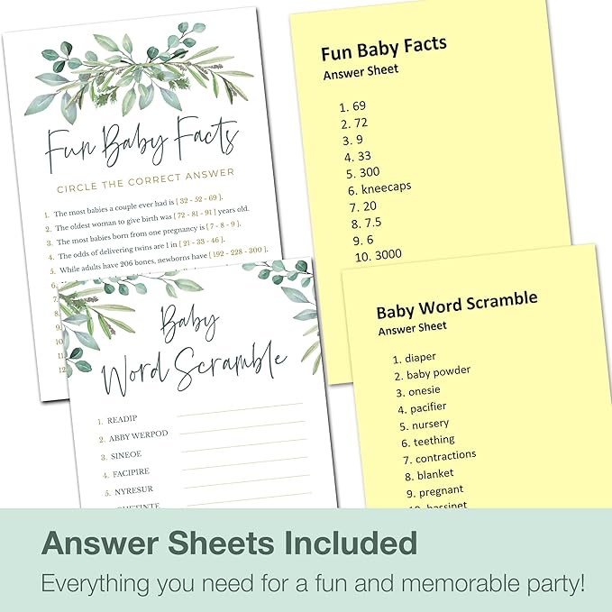 Papery Pop Baby Shower Games - Set of 4 Games for 25 Guests - Double Sided Cards - Eucalyptus