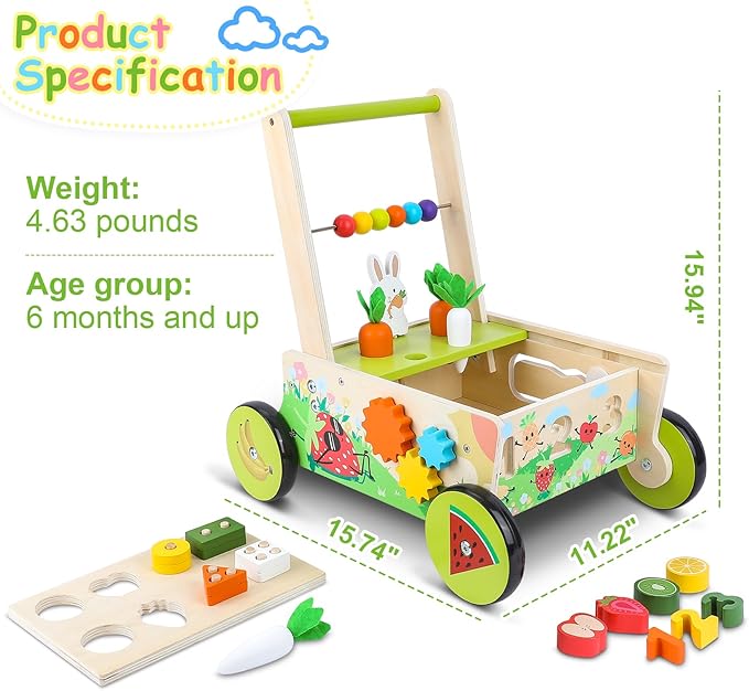 Wooden Baby Walker with Wheels,Toddler Push and Pull Walker Montessori Multiple Activity Center with Shape Sorting Grocery Toy and Puzzles Push Cart for Boys Girls 6-12 Months 1 2 3 Years Old (Fruit)