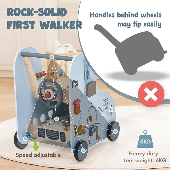 Wooden Baby Push Walker with Activity Center – Car Traffic Theme Tool Bench Shape Sorter, Steering Wheel, Gears, Beads, Montessori Toy for Toddlers 1-3, Walking Learning Baby Push Toy Speed Adjustable