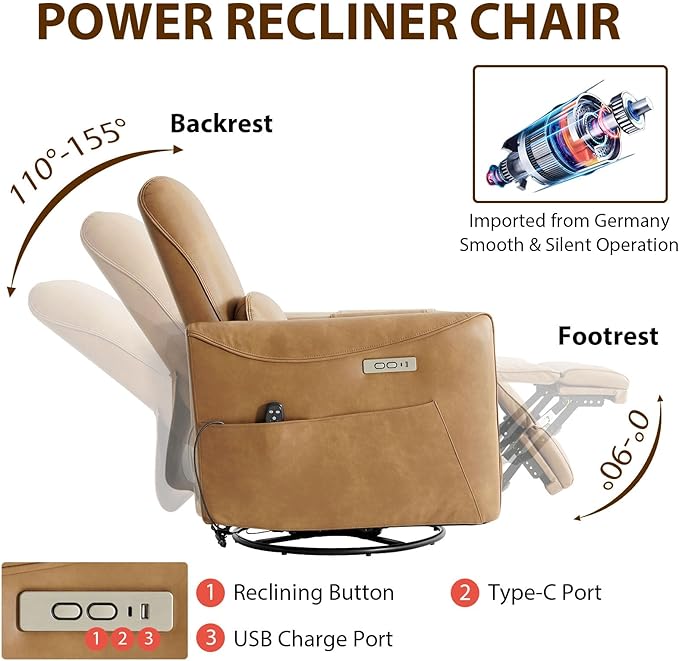 Swivel Glider Rocking Recliner, Power Recliner Chairs with Massage & Lumbar Support, Upholstered Faux Leather Reclining Sofa Chair for Living Room & Nursery (Brown)