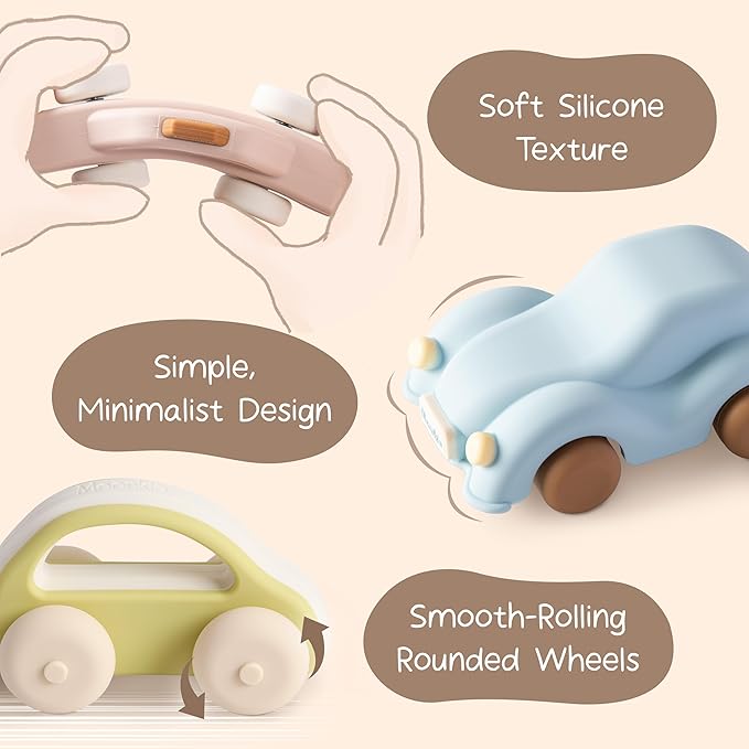 Moonkie Food-Grade Silicone Toy Cars for Toddlers 6M+ | Push & Go Baby Vehicles | One-Piece Safe Design, Easy to Clean & Grasp | Perfect 1st Birthday Gift | 3-Pack