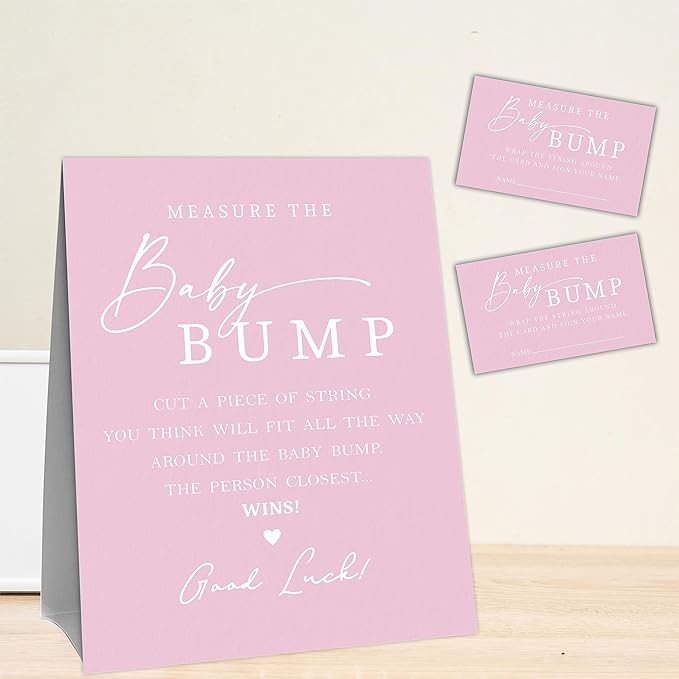 Pink Baby Shower Measure The Baby Bump, Measure Mommy's Belly Game Set - 1 Self-Standing Sign And 50 Tickets - Gender Reveal, Baby Shower, Baby Announcement Activity & Party Favor Supplies - A09