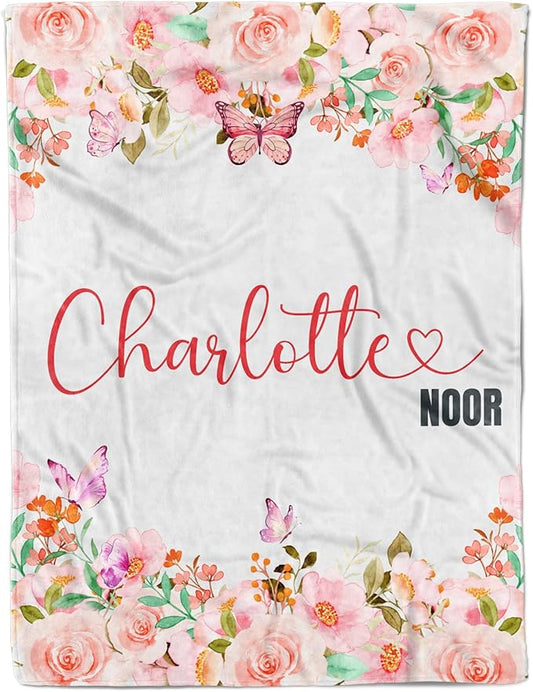 Personalized Baby Blankets for Girls, Customized Name Blanket for Kids, Custom Toddler Blanket Gifts for Birthday, Christmas, Newborn Soft Flannel Floral Blankets Boy Girl Birthday Gifts