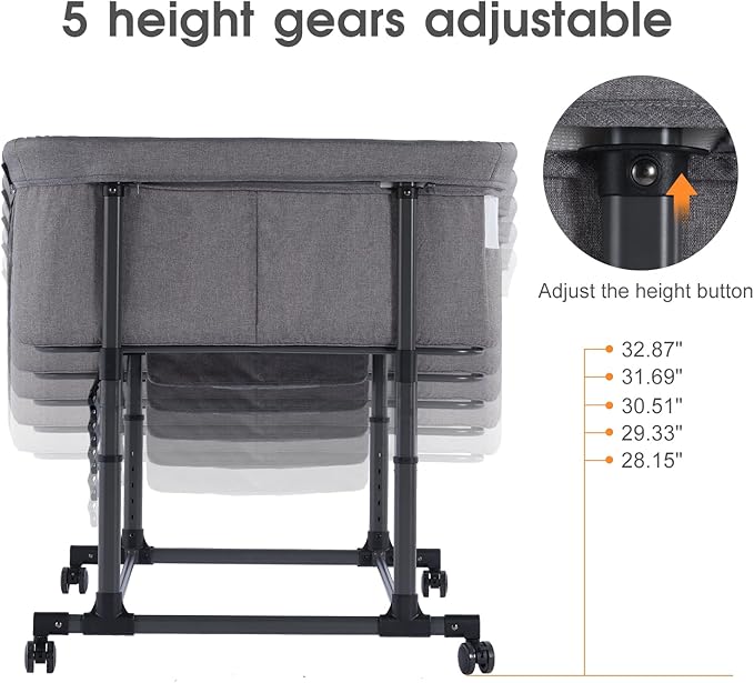 MTWML Twin Bassinet for 2 Babies,Portable Twins Crib with Storage Bag and Replaceable Mattress Cover,Adjustable Height Double Bedside Crib Attaches to Bed with Strap for 0-6 Months (Deep Grey)