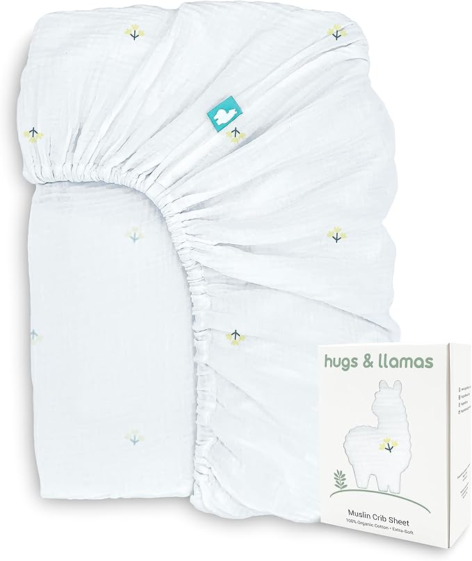 hugs & llamas | 100% Organic Cotton Muslin Fitted Crib Sheet | Premium Baby Crib Sheets for Boys & Girls Crib Fitted Sheet | Organic Crib Sheets Girl & Boy Crib Sheets Neutral | Crib Mattress Sheet