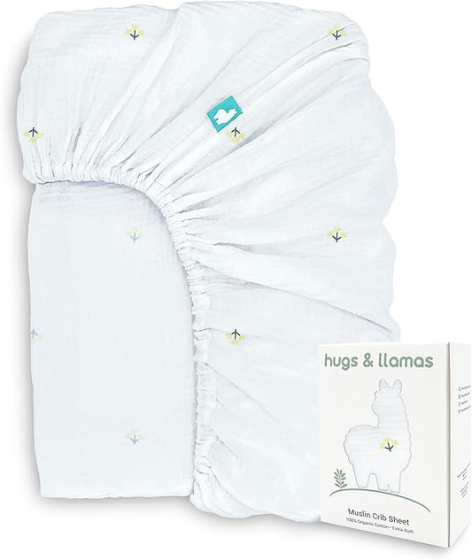 hugs & llamas | 100% Organic Cotton Muslin Fitted Crib Sheet | Premium Baby Crib Sheets for Boys & Girls Crib Fitted Sheet | Organic Crib Sheets Girl & Boy Crib Sheets Neutral | Crib Mattress Sheet