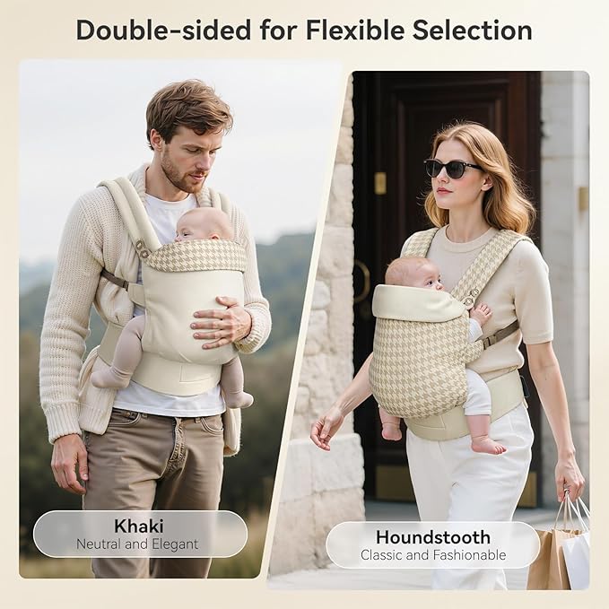 Reversible Baby Carrier, Khaki Solid & Houndstooth; Lightweight, Cooling & Breathable Lyocell Fabric; Ergonomic Lumbar Support and Quick Hands-Free Wear for Newborn to Toddler (7–44 lbs)