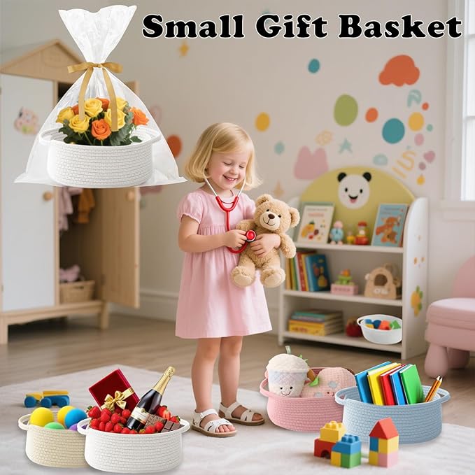 3 Pack Gift Basket with Gift Bag and Ribbons,Small Rope Woven Shelf Storage,Baskets for Gifts Empty,Birthday,Shower,Decorative Organizer Box for Cat Dog Pet with Handles(White)