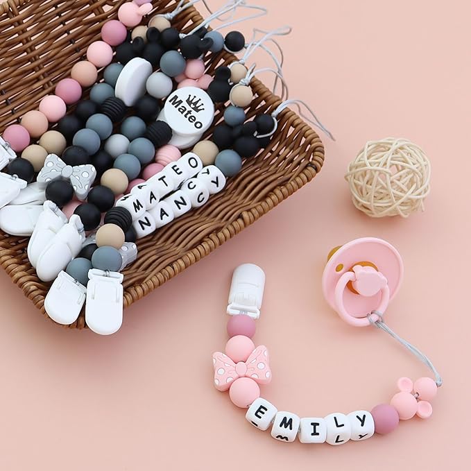Customized Baby Pacifier Holder Clip with Name, Personalized Name Pacifier Clip for Boys and Girls Fits for Most Pacifiers (Grey)