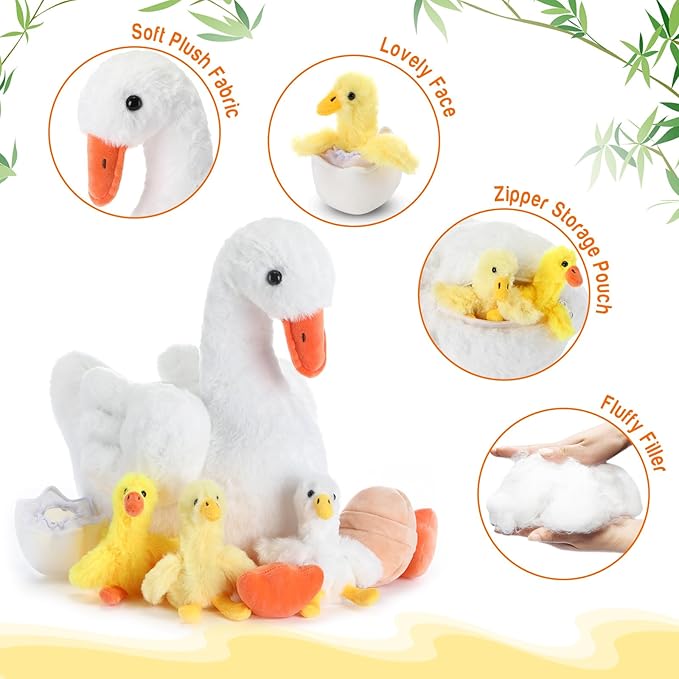 HyDren 5 Pcs Goose Stuffed Animal Family Plush Toy Gift One Silly Goose Birthday Decor Kid Kindergarten Back to School Classroom Cute 10 Inch Mommy with 3 Cute Babies in Her Belly Soft Cuddly Plushie