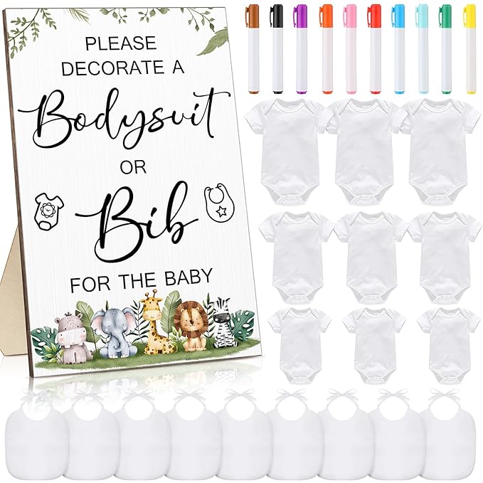Roowest 35 Pcs Baby Shower Bibs Games Design Wooden Baby Shower Party Game Sign DIY Bodysuit Sign 15 White Blank Feeder Bibs 9 Newborn Bodysuit 10 Markers for Boys Girls(Jungle)