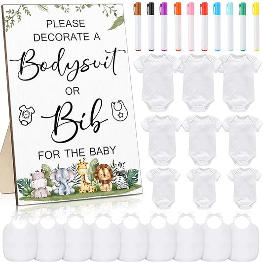 Roowest 35 Pcs Baby Shower Bibs Games Design Wooden Baby Shower Party Game Sign DIY Bodysuit Sign 15 White Blank Feeder Bibs 9 Newborn Bodysuit 10 Markers for Boys Girls(Jungle)