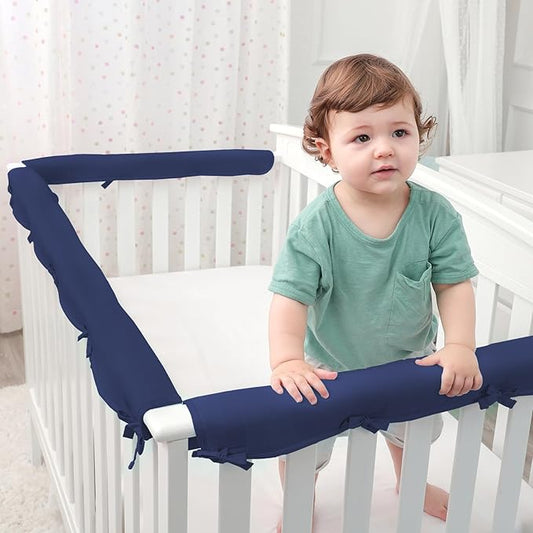 Navy Blue 3pcs New Teething Edge Crib Rail Cover&Corner Guard Coverage Straps,Reversible Guardrail Cover Protector for Boys Girls(1 Long 2 Short)