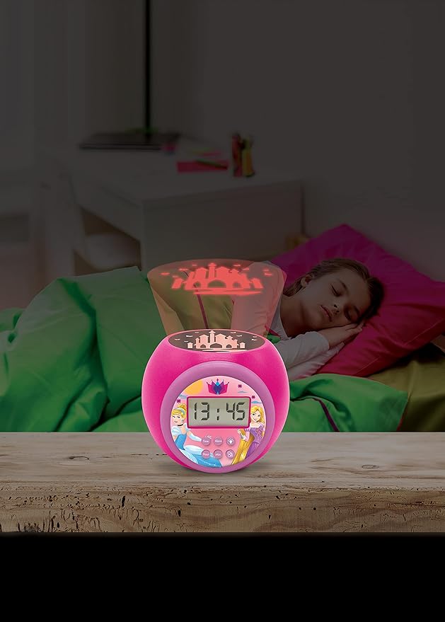 LEXIBOOK Projector Clock Disney Princess with Snooze Alarm Function, Night Light with Timer, LCD Screen, Battery Operated, Pink
