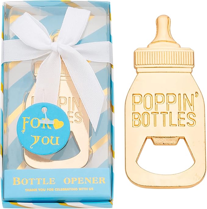 24 Baby Bottle Opener Baby Shower Favorites, Gifts, Decorations, or Souvenir Guest Gift Boxes, Poppin Designed for Boys (24 Pack Blue)
