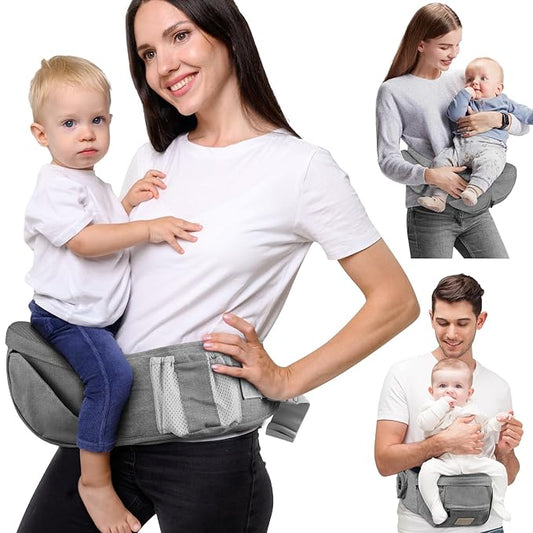 Baby Hip Seat Carrier, Adjustable Waistband with 3D Abdominal Support & Various Pockets Ergonomic Carrier for Newborns to Toddlers up to 33 lbs Medium Light Grey