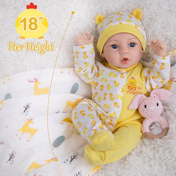 Aori Realistic Reborn Baby Dolls - 18 Inch Lifelike Newborn Girl Doll with Yellow Outfit & Feeding Set, Gift for Girls Kids Toddlers