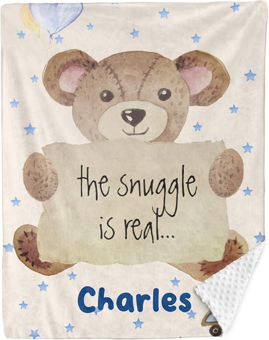 Personalized Baby Blanket for Boys Bear Custom Baby Blankets with Name Dotted Backing Customized Gifts for New Mom Customize Baby Blanket for Boy Kids Newborn Birthday