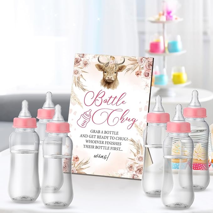 TrelaCo Cool Baby Shower Games Bottle Chug Sign and 12 Pcs Baby Bottle Shower Favor Baby Bottles for Baby Shower Games Gender Reveal (Highland Cow)