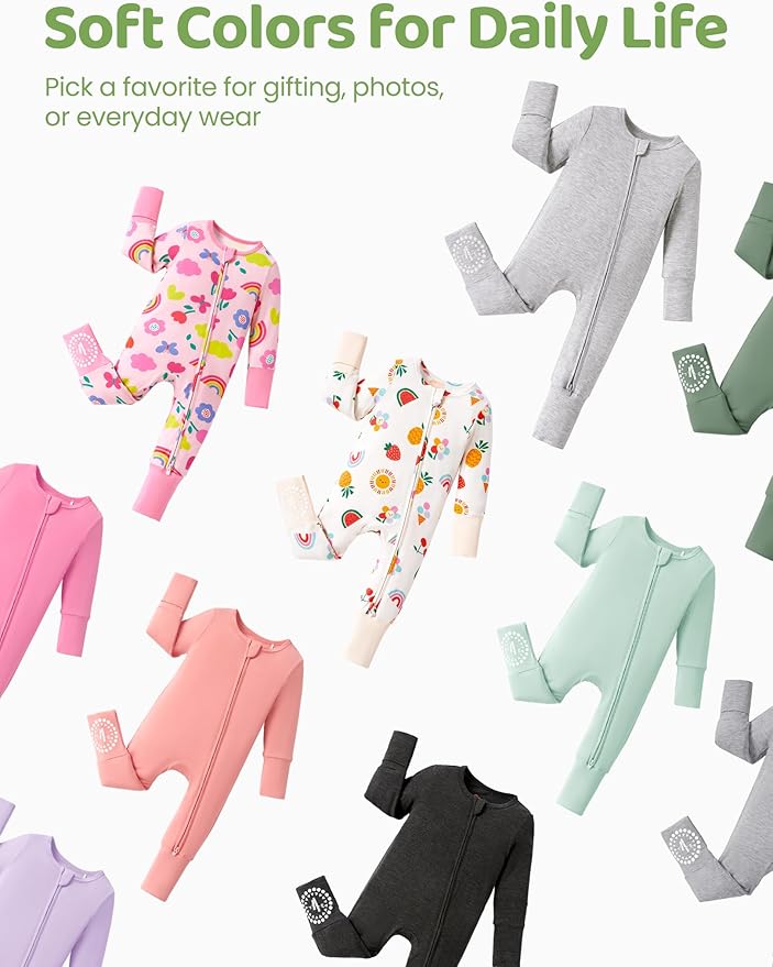 PATPAT Baby Footies Boys Girls - Bamboo Viscose - Zipper & Non-Slip Soles Romper Mitten - Footed & Footless Infant Clothes