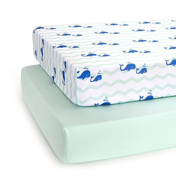 TILLYOU Baby Crib Sheets for Boys Girls, Super Soft Toddler Bed Sheets, 2 Pack Sheets for Standard Crib Mattress 28x52in, Navy Whale and Light Green