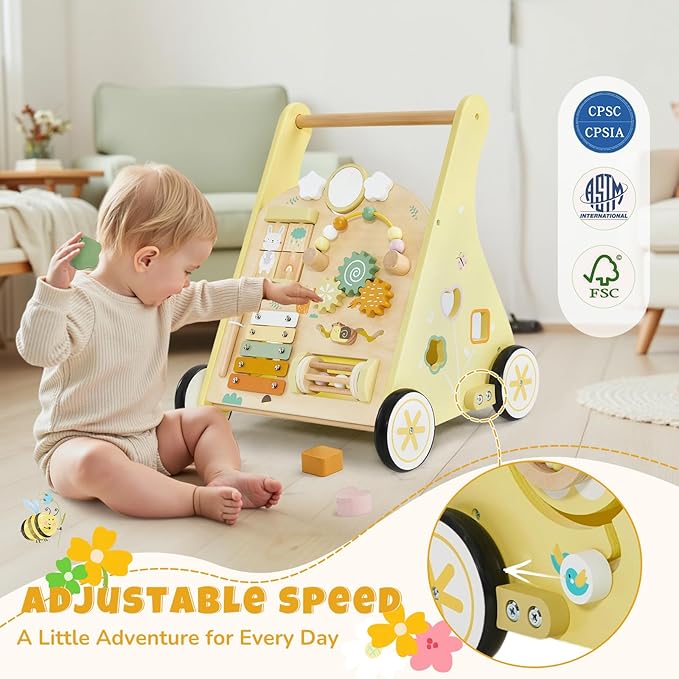 labebe Wooden Baby Walker, Push Walker for Baby Boys and Girls with Activity Center, Montessori Walker Push Toy for Toddler Learning to Walk